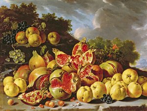Stilleven met granaatappels, appels, kersen en druiven